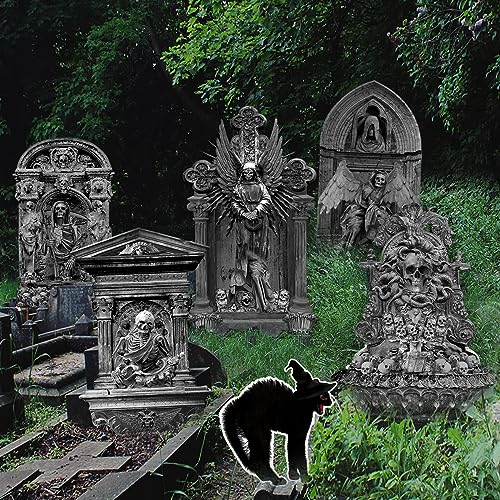19 Inch Halloween Graveyard Tombstones Yard Stakes Signs Large 6 Styles Outdoor Headstones With Black Cat for Cemetery Halloween RIP Graveyard