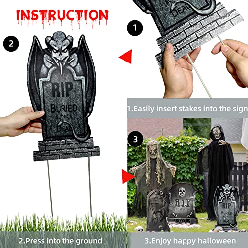 Runwosen 9 Pcs Halloween Tombstones Graveyard, Plastic Tombstone Halloween Decorations Yard Signs include 6 Tombstones and 1 Fluorescent Spider Web & 2 Spiders with Stakes for Halloween Yard Decor
