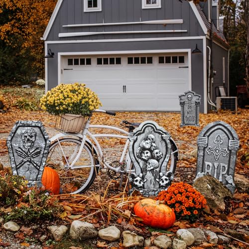 PhyLence 6-Piece Halloween Tombstone Yard Signs with Stakes - Large Eerie Graveyard Design, Spooky Skulls and RIP Messages for Haunted House, Outdoor Garden, Lawn Decor, Halloween Party Props