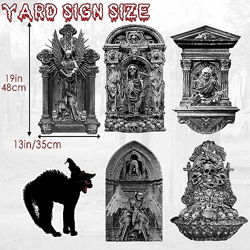 19 Inch Halloween Graveyard Tombstones Yard Stakes Signs Large 6 Styles Outdoor Headstones With Black Cat for Cemetery Halloween RIP Graveyard