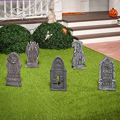JOYIN 17” Halloween Foam RIP Graveyard Tombstones Decorations (5 Pack), Headstone Decorations and 10 Bonus Metal Stakes for Halloween Yard Decorations