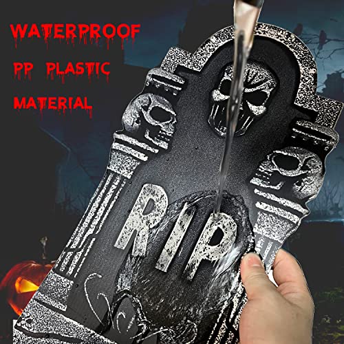 Runwosen 9 Pcs Halloween Tombstones Graveyard, Plastic Tombstone Halloween Decorations Yard Signs include 6 Tombstones and 1 Fluorescent Spider Web & 2 Spiders with Stakes for Halloween Yard Decor