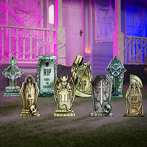JOYIN 8 Pack Halloween Tombstone Yard Decorations, 16.5" Tall Lightweight PVC Yard Signs for Halloween Party, Haunted House, Graveyard and Outdoor Lawn