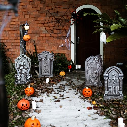 PhyLence 6-Piece Halloween Tombstone Yard Signs with Stakes - Large Eerie Graveyard Design, Spooky Skulls and RIP Messages for Haunted House, Outdoor Garden, Lawn Decor, Halloween Party Props