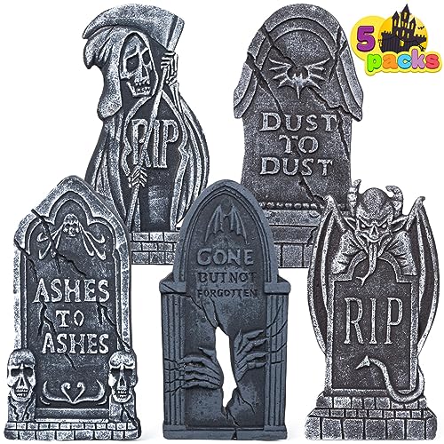 JOYIN 17” Halloween Foam RIP Graveyard Tombstones Decorations (5 Pack), Headstone Decorations and 10 Bonus Metal Stakes for Halloween Yard Decorations