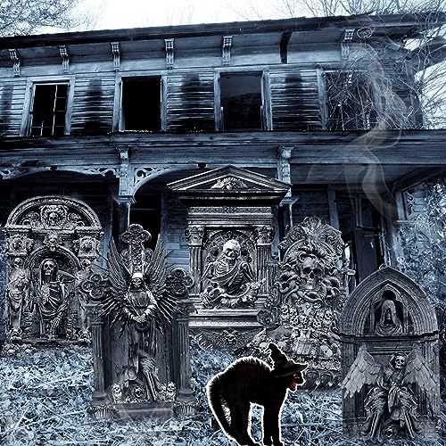 19 Inch Halloween Graveyard Tombstones Yard Stakes Signs Large 6 Styles Outdoor Headstones With Black Cat for Cemetery Halloween RIP Graveyard