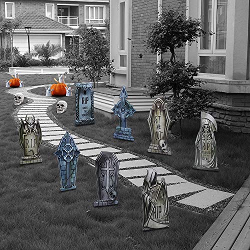 JOYIN 8 Pack Halloween Tombstone Yard Decorations, 16.5" Tall Lightweight PVC Yard Signs for Halloween Party, Haunted House, Graveyard and Outdoor Lawn
