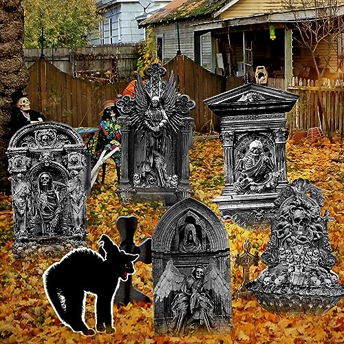 19 Inch Halloween Graveyard Tombstones Yard Stakes Signs Large 6 Styles Outdoor Headstones With Black Cat for Cemetery Halloween RIP Graveyard