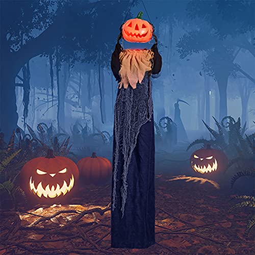 FUN LITTLE TOYS 47.2" Halloween Hanging Pumpkin Ghost Animated Halloween Decorations with Sound & Light, Scary Creepy Spooky Props for Halloween Décor Outdoor, Haunted House