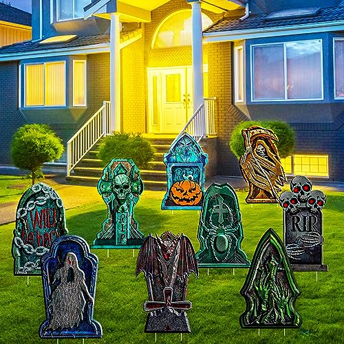 9 Pack Halloween Tombstone Yard Decorations, Outside Waterproof Graveyard Signs Decorations for Yard, Halloween Cemetary Headstone for Halloween Party, Garden Yard Decorations