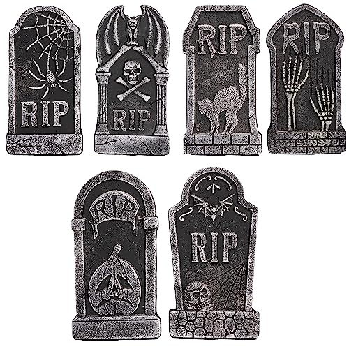 Hourleey Halloween Foam RIP Tombstones, 6 Pack 15" Graveyard Headstone Decorations Outdoor for Halloween Lawn Yard Garden Tombstone Decor