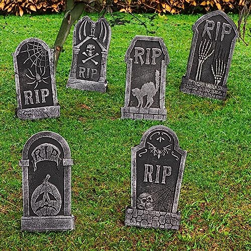 Hourleey Halloween Foam RIP Tombstones, 6 Pack 15" Graveyard Headstone Decorations Outdoor for Halloween Lawn Yard Garden Tombstone Decor