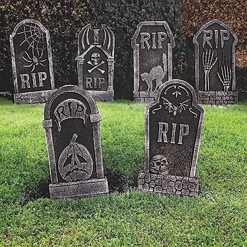 Hourleey Halloween Foam RIP Tombstones, 6 Pack 15" Graveyard Headstone Decorations Outdoor for Halloween Lawn Yard Garden Tombstone Decor