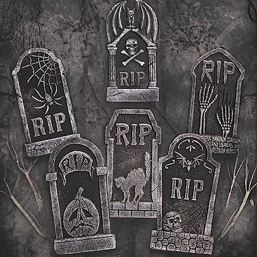 Hourleey Halloween Foam RIP Tombstones, 6 Pack 15" Graveyard Headstone Decorations Outdoor for Halloween Lawn Yard Garden Tombstone Decor