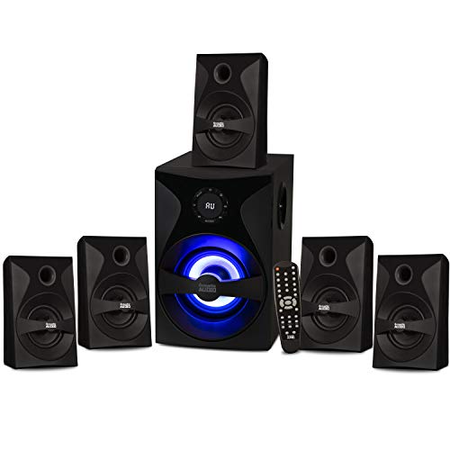 Acoustic Audio by Goldwood Bluetooth 5.1 Surround Sound System with LED Light Display, FM Tuner, USB and SD Card Inputs - 6-Piece Home Theater Speaker Set, includes Remote Control - AA5400 Black