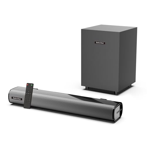 Sonic Blast 2.1 CH Sound Bars for TV with Subwoofer Bluetooth Deep Bass Soundbar for TV PC Gaming Home Theater Surround Sound System Bluetooth/AUX/Optical/Coa Connection Remote Control TV Speaker