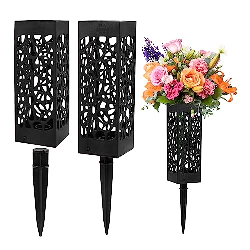 2 Pack 12 Inch Grave Vases for Cemetery with Stake, Graveside Flower Holder, Memorial Day Grave Decorations Cemetery Vases for Grave for Graveyard Headstone Flower Marker(Black)