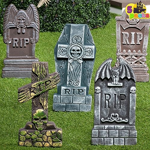 JOYIN 17” Halloween Foam RIP Graveyard Tombstones (5 Pack), Yard Sign Headstone Decorations and 10 Bonus Metal Stakes for Halloween Yard Outdoor Indoor Decorations