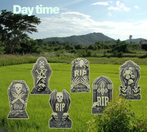 Fluorescent Halloween RIP Tombstones | 6 Tombstones Halloween Decor With 12 Fix Stakes, Scary Halloween Yard Outdoor Lawn Signs for Haunted House Garden Yard and Scary Theme Party