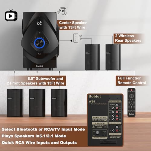 Bobtot Surround Sound Systems Wireless Rear Satellite Speakers - 800W 6.5inch Subwoofer 5.1/2.1 Channel Home Theater Systems with HDMI ARC Optical Bluetooth Input
