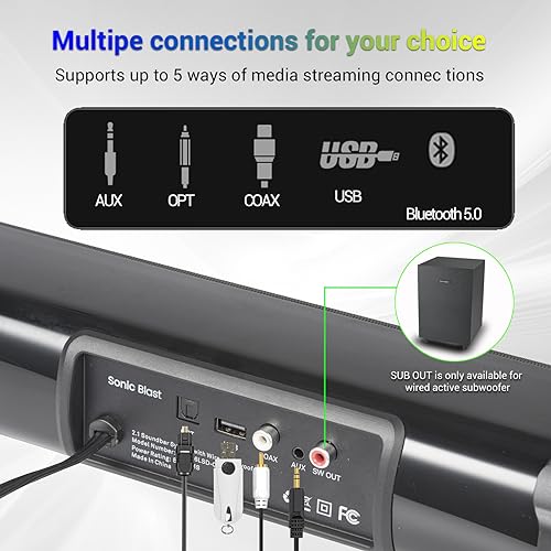 Sonic Blast 2.1 CH Sound Bars for TV with Subwoofer Bluetooth Deep Bass Soundbar for TV PC Gaming Home Theater Surround Sound System Bluetooth/AUX/Optical/Coa Connection Remote Control TV Speaker
