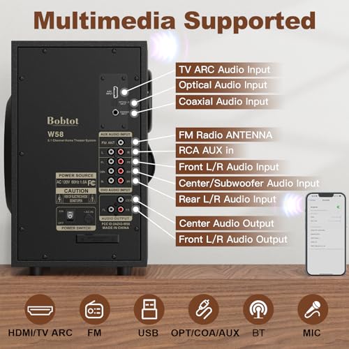 Bobtot Surround Sound Systems Wireless Rear Satellite Speakers - 800W 6.5inch Subwoofer 5.1/2.1 Channel Home Theater Systems with HDMI ARC Optical Bluetooth Input