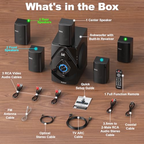 Bobtot Surround Sound Systems Wireless Rear Satellite Speakers - 800W 6.5inch Subwoofer 5.1/2.1 Channel Home Theater Systems with HDMI ARC Optical Bluetooth Input