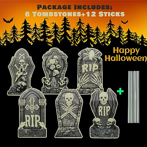 Fluorescent Halloween RIP Tombstones | 6 Tombstones Halloween Decor With 12 Fix Stakes, Scary Halloween Yard Outdoor Lawn Signs for Haunted House Garden Yard and Scary Theme Party