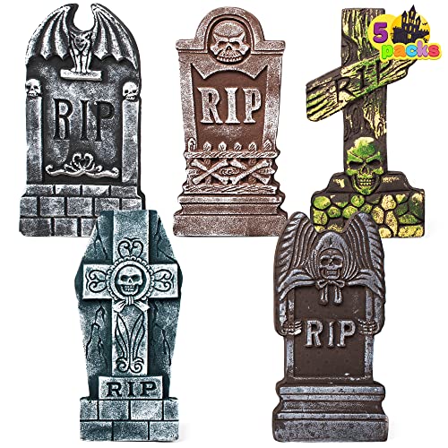 JOYIN 17” Halloween Foam RIP Graveyard Tombstones (5 Pack), Yard Sign Headstone Decorations and 10 Bonus Metal Stakes for Halloween Yard Outdoor Indoor Decorations