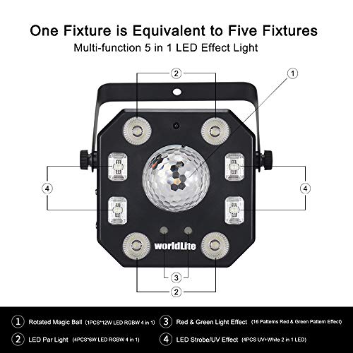 Stage Lights DJ Lights, WorldLite LED Effect Light 5 in 1 with Magic Ball, LED Par Pattern Lights and LED Strobe/UV, Great for Stage & DJ Lighting, Wedding Church Club Disco Party Lighting