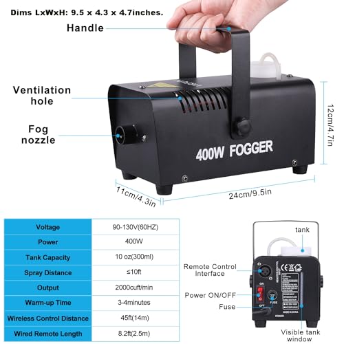 VIRFUN Fog Machine, Smoke Machine with Wireless&Wired Remote Control for Parties Halloween Wedding and Stage Effect, 400W
