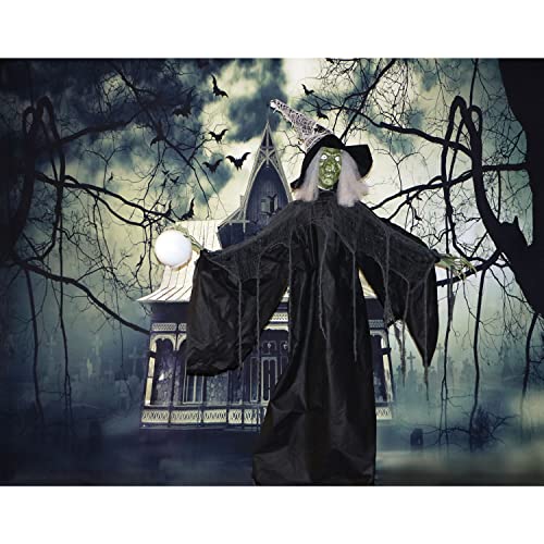 Haunted Hill Farm Life-Size Scary Poseable Witch with Crystal Ball and Touch Activated Lights and Sound, Battery-Operated Indoor/ Covered Outdoor Halloween Decoration