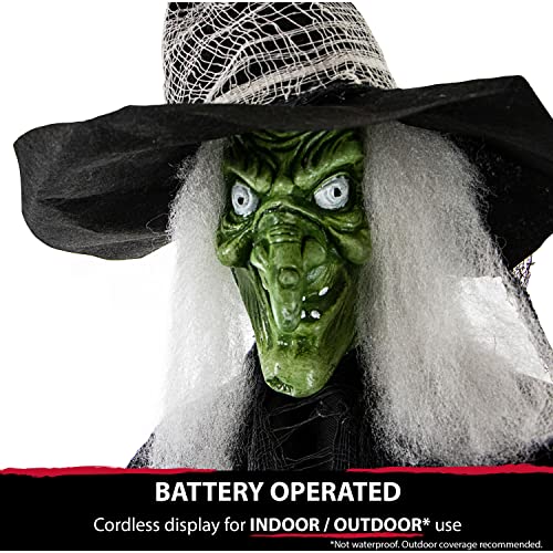 Haunted Hill Farm Life-Size Scary Poseable Witch with Crystal Ball and Touch Activated Lights and Sound, Battery-Operated Indoor/ Covered Outdoor Halloween Decoration