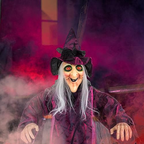 VINGLI Life Size Animated Talking Witch Halloween Decorations Outside Animatronics Hanging Witch Decor with Spooky Voice Red Lighted Eyes for Outdoor Indoor Party Haunted House Garden 5.9FT