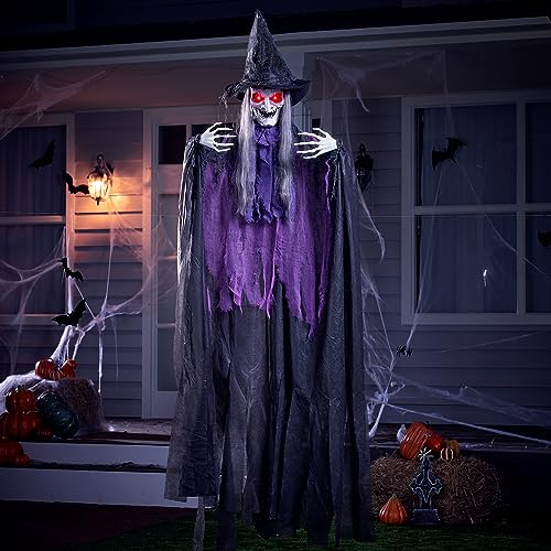 JOYIN 72” Halloween Animated Hanging Talking Witch Light-up Eyes, Creepy Sound Activated Hanging Animatronic Witch Halloween Decorations Outside Indoor Haunted House