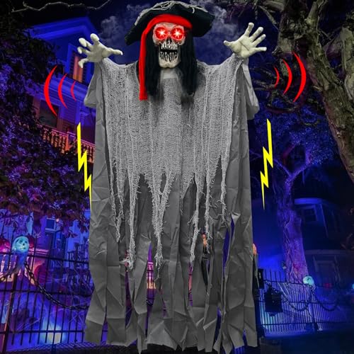[ Sound Activated & Large ] 70 Inch Halloween Animatronic Hanging Talking Pirate Ghost Decoration Light up Eyes Shake Life Size Skull Skeleton Halloween Decor Outdoor Haunted House Prop Yard Party
