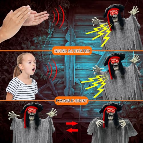 [ Sound Activated & Large ] 70 Inch Halloween Animatronic Hanging Talking Pirate Ghost Decoration Light up Eyes Shake Life Size Skull Skeleton Halloween Decor Outdoor Haunted House Prop Yard Party