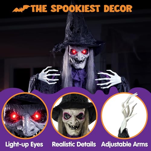 JOYIN 72” Halloween Animated Hanging Talking Witch Light-up Eyes, Creepy Sound Activated Hanging Animatronic Witch Halloween Decorations Outside Indoor Haunted House