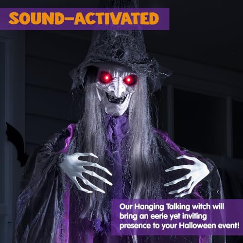 JOYIN 72” Halloween Animated Hanging Talking Witch Light-up Eyes, Creepy Sound Activated Hanging Animatronic Witch Halloween Decorations Outside Indoor Haunted House