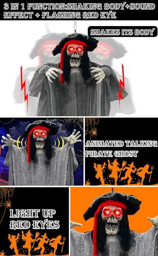[ Sound Activated & Large ] 70 Inch Halloween Animatronic Hanging Talking Pirate Ghost Decoration Light up Eyes Shake Life Size Skull Skeleton Halloween Decor Outdoor Haunted House Prop Yard Party