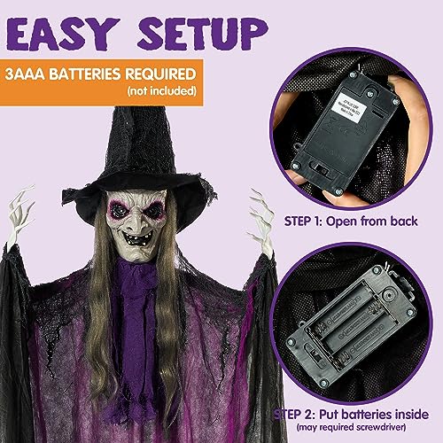 JOYIN 72” Halloween Animated Hanging Talking Witch Light-up Eyes, Creepy Sound Activated Hanging Animatronic Witch Halloween Decorations Outside Indoor Haunted House