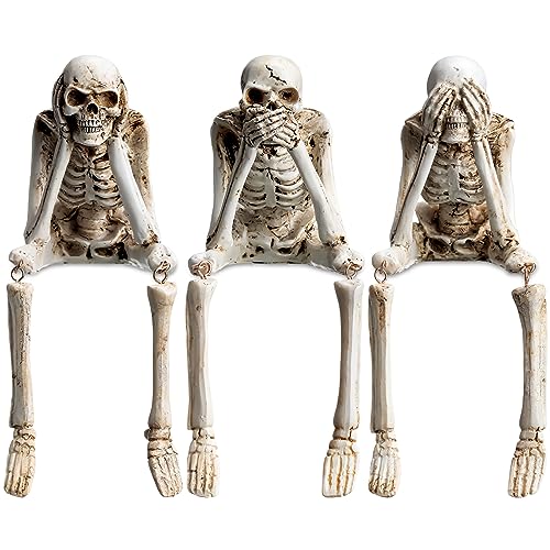 Thyle Set of 3 Halloween Statues See Speak Hear No Evil Skeleton Figurines Realistic Skull Decorations for Home Haunted House Halloween Party Decor Favors Shelf Accessories (Bone White)