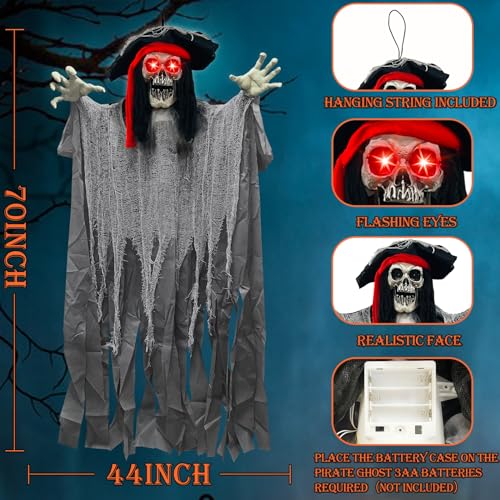 [ Sound Activated & Large ] 70 Inch Halloween Animatronic Hanging Talking Pirate Ghost Decoration Light up Eyes Shake Life Size Skull Skeleton Halloween Decor Outdoor Haunted House Prop Yard Party