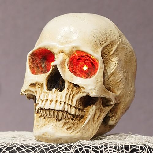 Braxio Skeleton Skull Decor Halloween Lights - Resin Skull Statues with Red Led Lights Gothic Decor for Day of The Dead Room Decor Aesthetic Indoor Figurine Lamps 3.5 * 5 * 4.5 Inch
