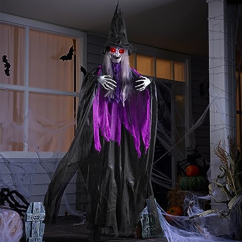 JOYIN 72” Halloween Animated Hanging Talking Witch Light-up Eyes, Creepy Sound Activated Hanging Animatronic Witch Halloween Decorations Outside Indoor Haunted House