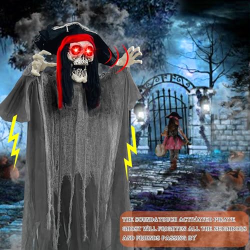 [ Sound Activated & Large ] 70 Inch Halloween Animatronic Hanging Talking Pirate Ghost Decoration Light up Eyes Shake Life Size Skull Skeleton Halloween Decor Outdoor Haunted House Prop Yard Party