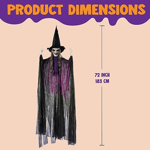 JOYIN 72” Halloween Animated Hanging Talking Witch Light-up Eyes, Creepy Sound Activated Hanging Animatronic Witch Halloween Decorations Outside Indoor Haunted House