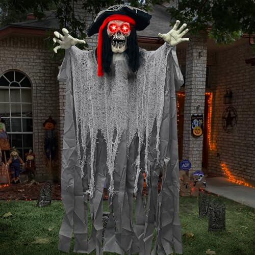 [ Sound Activated & Large ] 70 Inch Halloween Animatronic Hanging Talking Pirate Ghost Decoration Light up Eyes Shake Life Size Skull Skeleton Halloween Decor Outdoor Haunted House Prop Yard Party