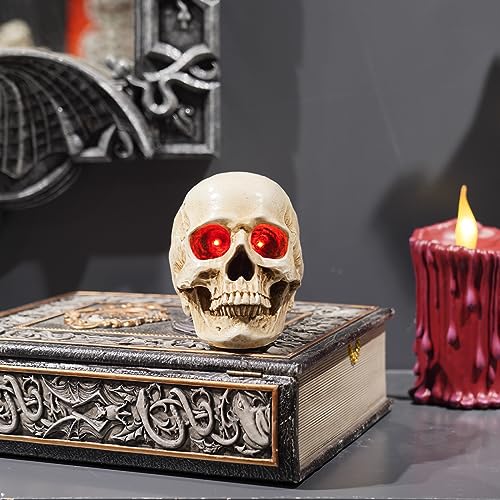 Braxio Skeleton Skull Decor Halloween Lights - Resin Skull Statues with Red Led Lights Gothic Decor for Day of The Dead Room Decor Aesthetic Indoor Figurine Lamps 3.5 * 5 * 4.5 Inch