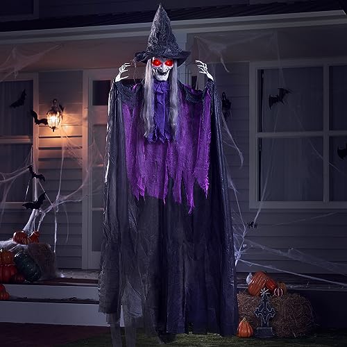 JOYIN 72” Halloween Animated Hanging Talking Witch Light-up Eyes, Creepy Sound Activated Hanging Animatronic Witch Halloween Decorations Outside Indoor Haunted House